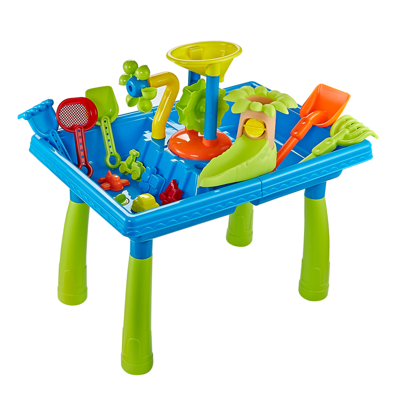 The blue and green Sand Table and the toys in the set