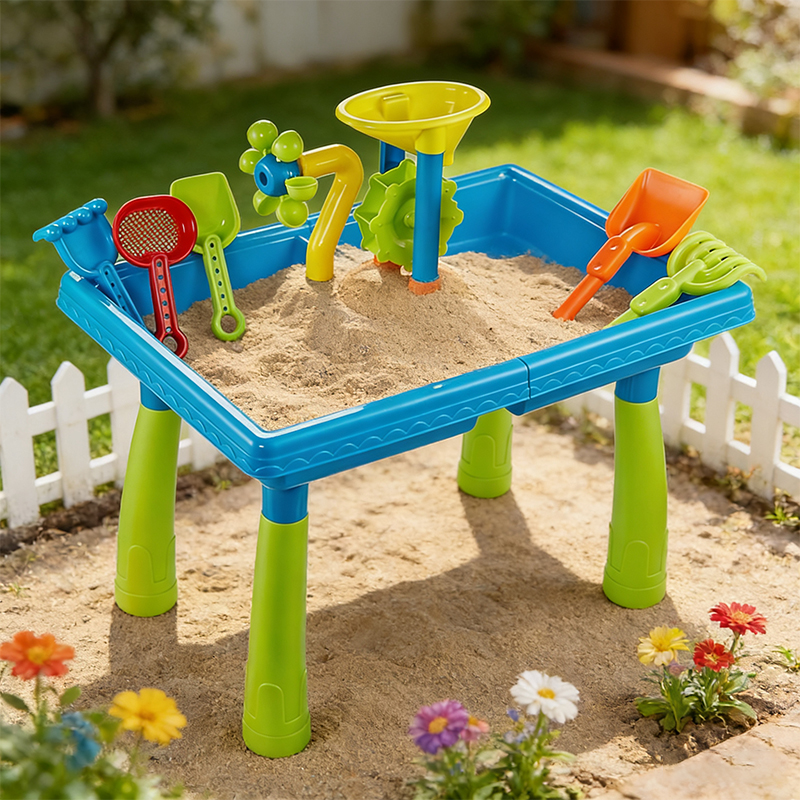 The sand table was placed in the sandy area of the garden