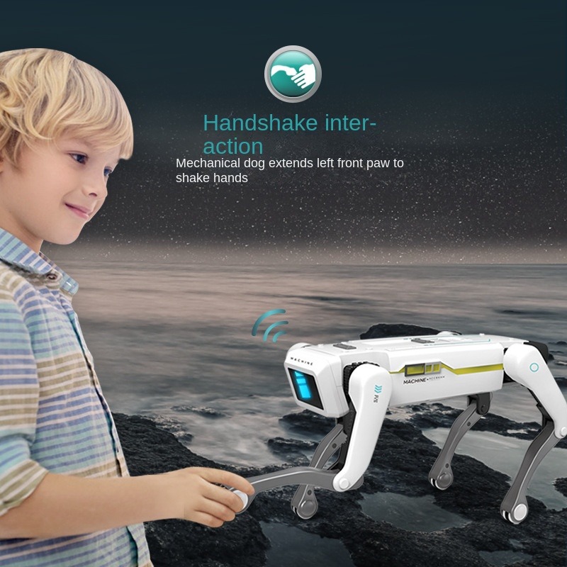 A little boy reached out his hand to shake hands with a robotic dog that extended its left front paw