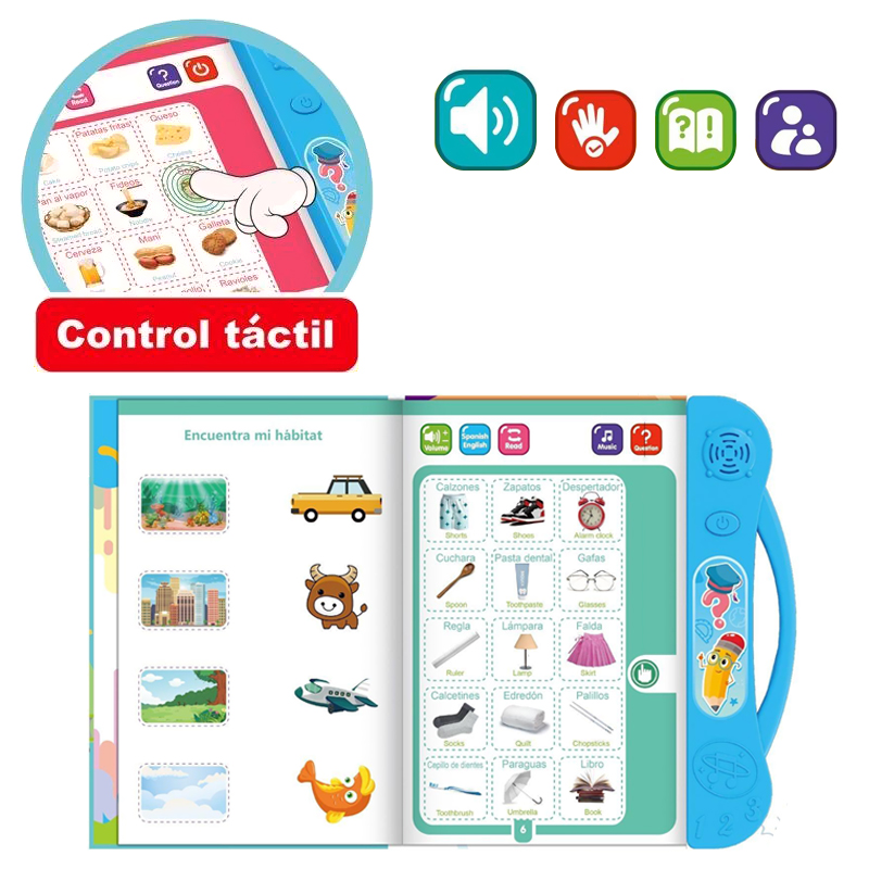 Press the corresponding content on the English and Castellano Diglossia E-Book, and it will read aloud its Castellano name.