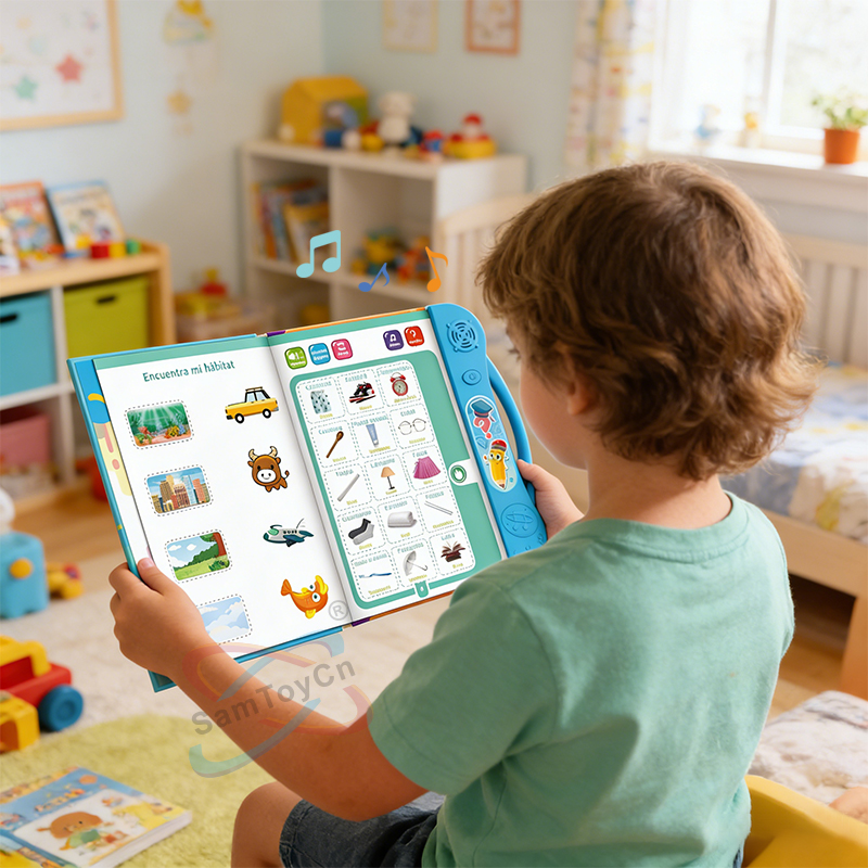 A little boy in a green outfit is studying with the English and Castellano Diglossia E-Book in the room