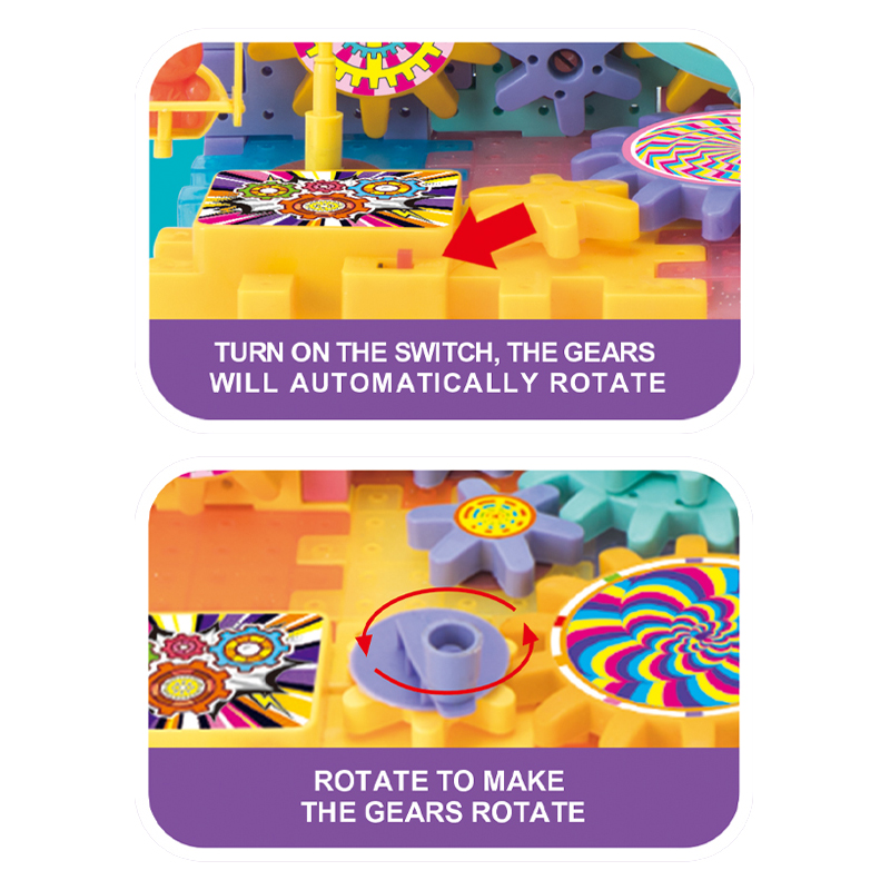 DIY Electric Building Blocks Flip the switch and the gears will start turning automatically. You can also rotate the internal components to make other gears spin