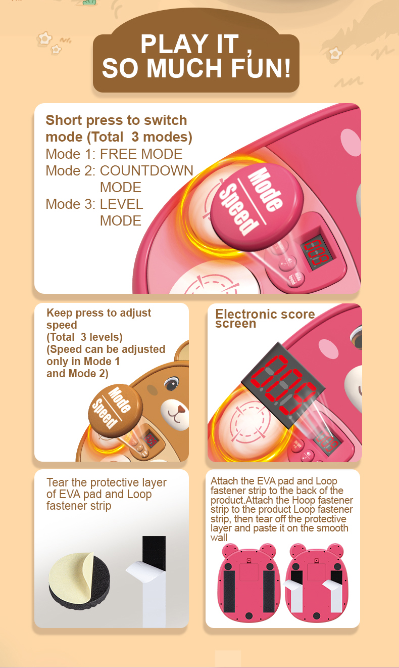The Little Bear Music Boxing Machine features three play modes, an electronic display, and adjustable speed settings