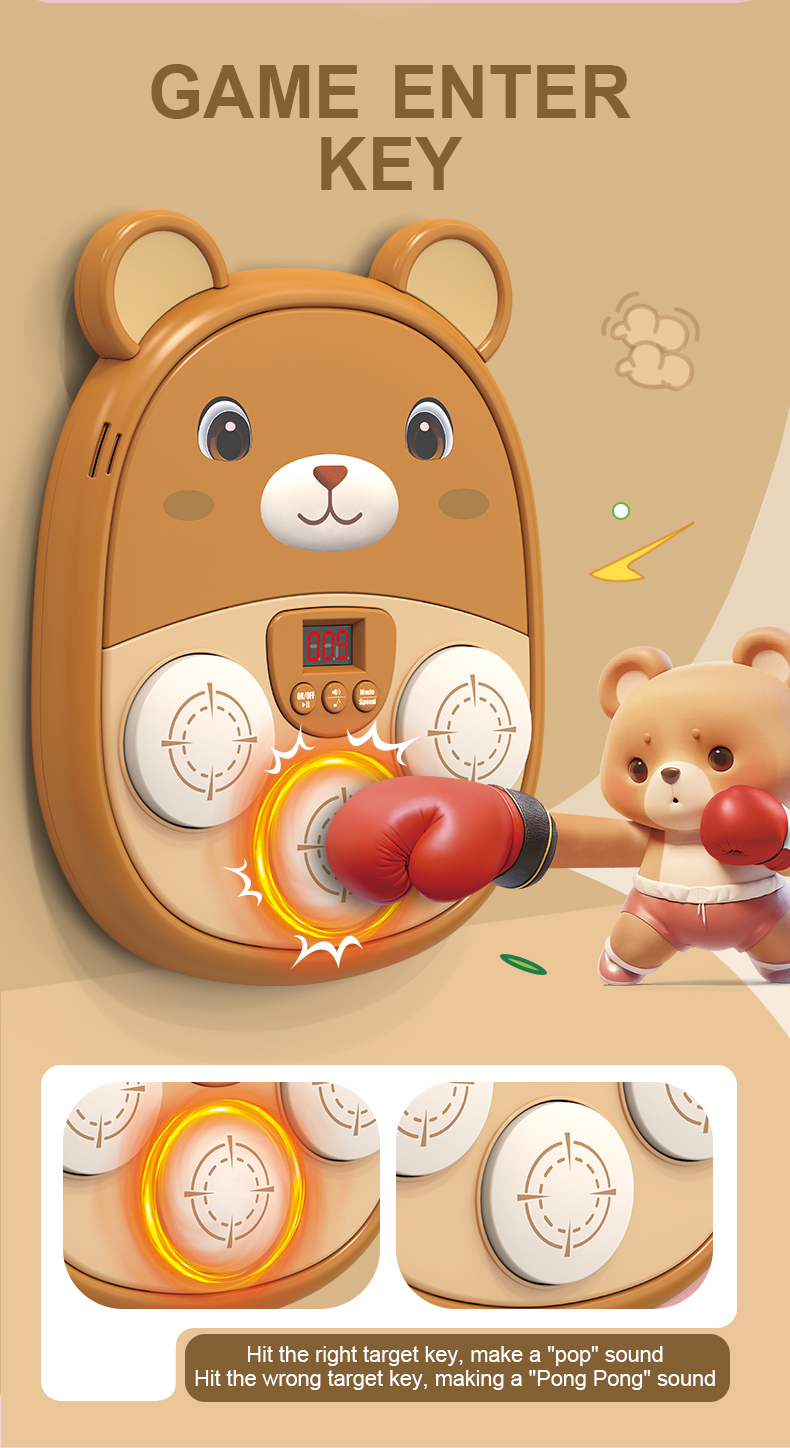 A brown bear cub wearing boxing gloves punches the Music Boxing Machine. Hitting the correct target key produces a pop sound