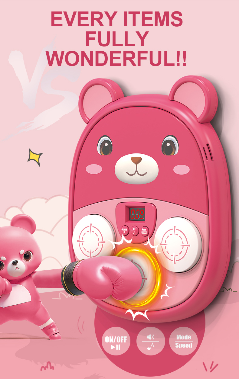 A pink bear wearing boxing gloves punches the Music Boxing Machine