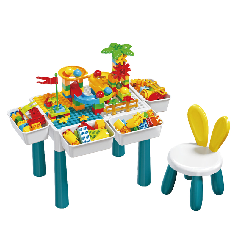 Green building block table and rabbit-shaped chair