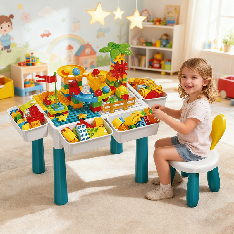 A little girl sat on a chair in the room, playing with the building blocks on the table