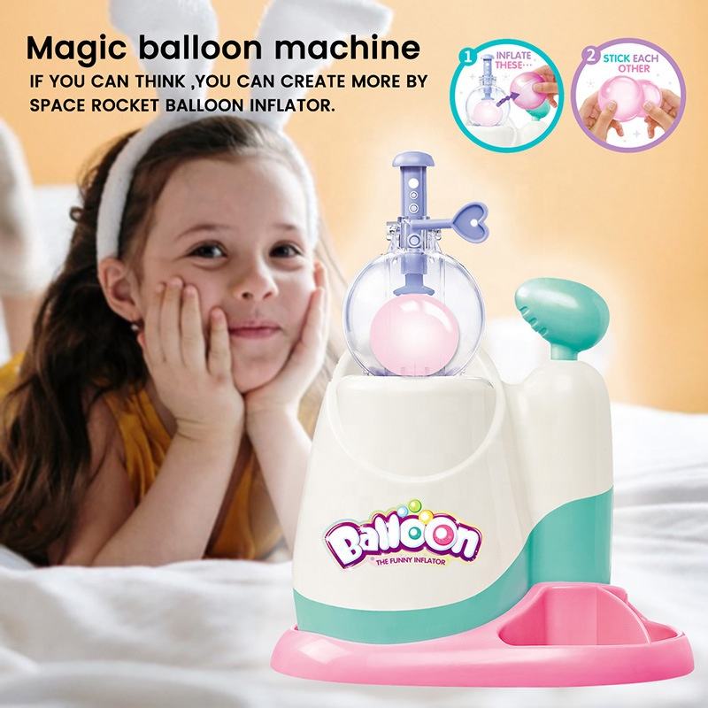 A little girl crouched before the DIY Balloon Inflator, pondering how to create more interesting balloons