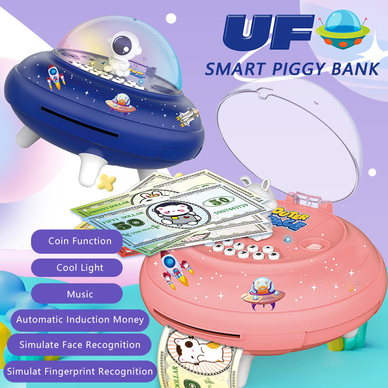 The UFO Smart Piggy Bank features light and music effects, automatic motion detection, facial recognition, and fingerprint identification