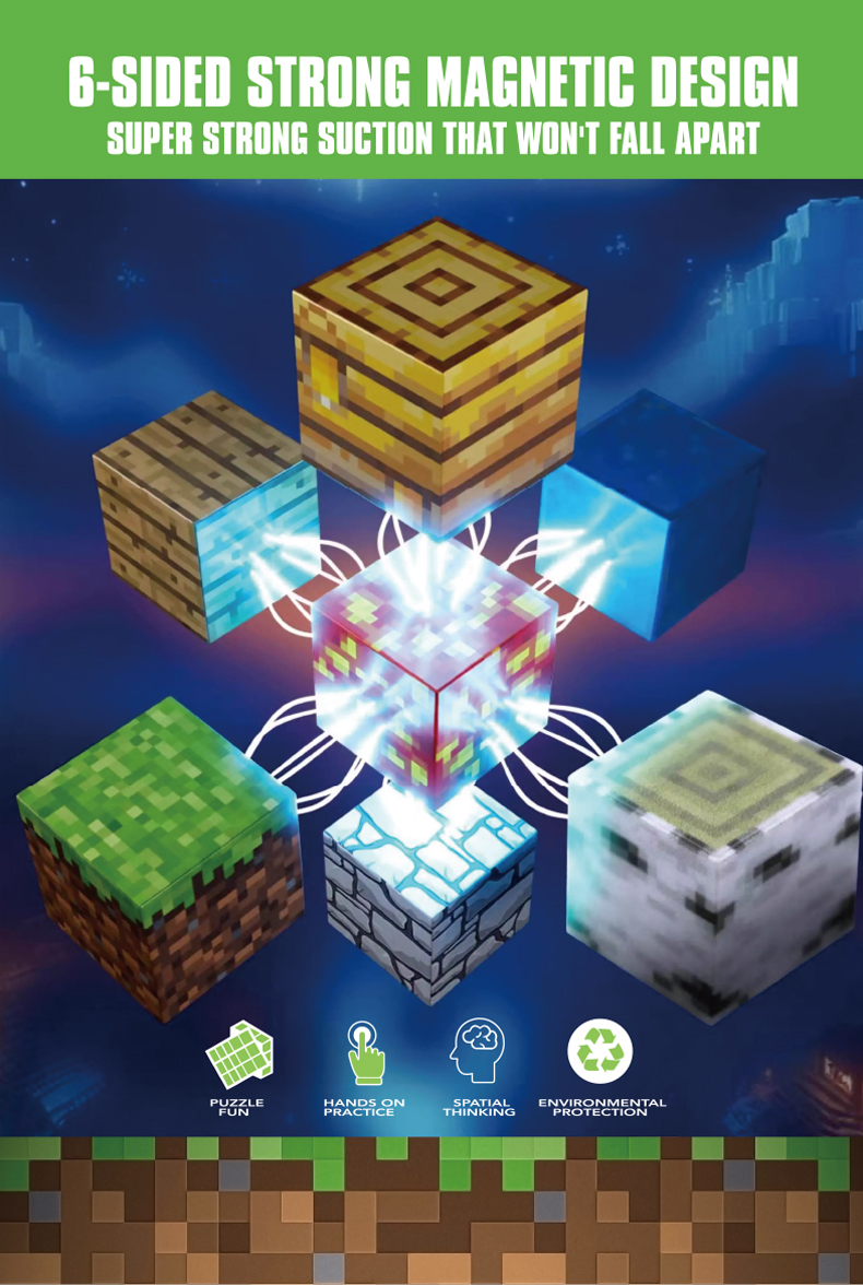 Magnetic Cube Building Blocks feature a 6-sided strong magnet design that won't come apart