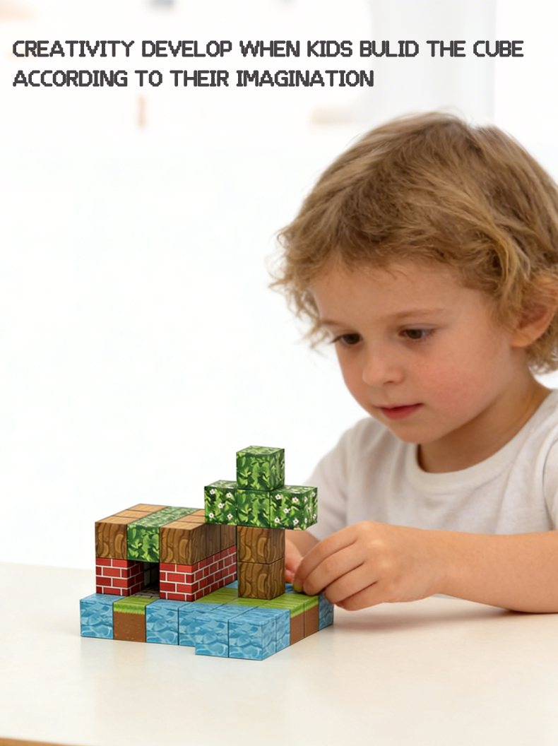 A child plays with My World Magnetic Cube Building Blocks at the table
