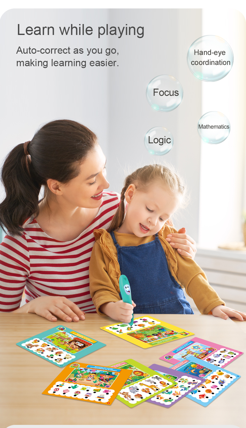 The mother held her child in the room and taught them to learn using a Spanish smart learning pen