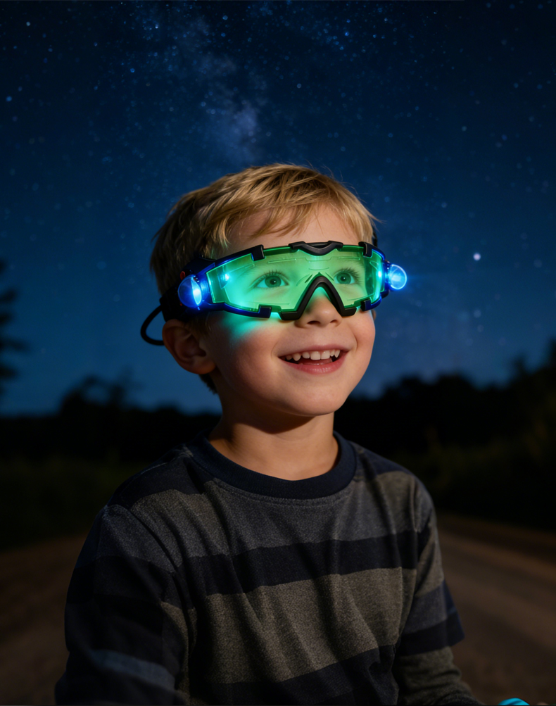 A little boy is wearing a toy telescope and looking outside