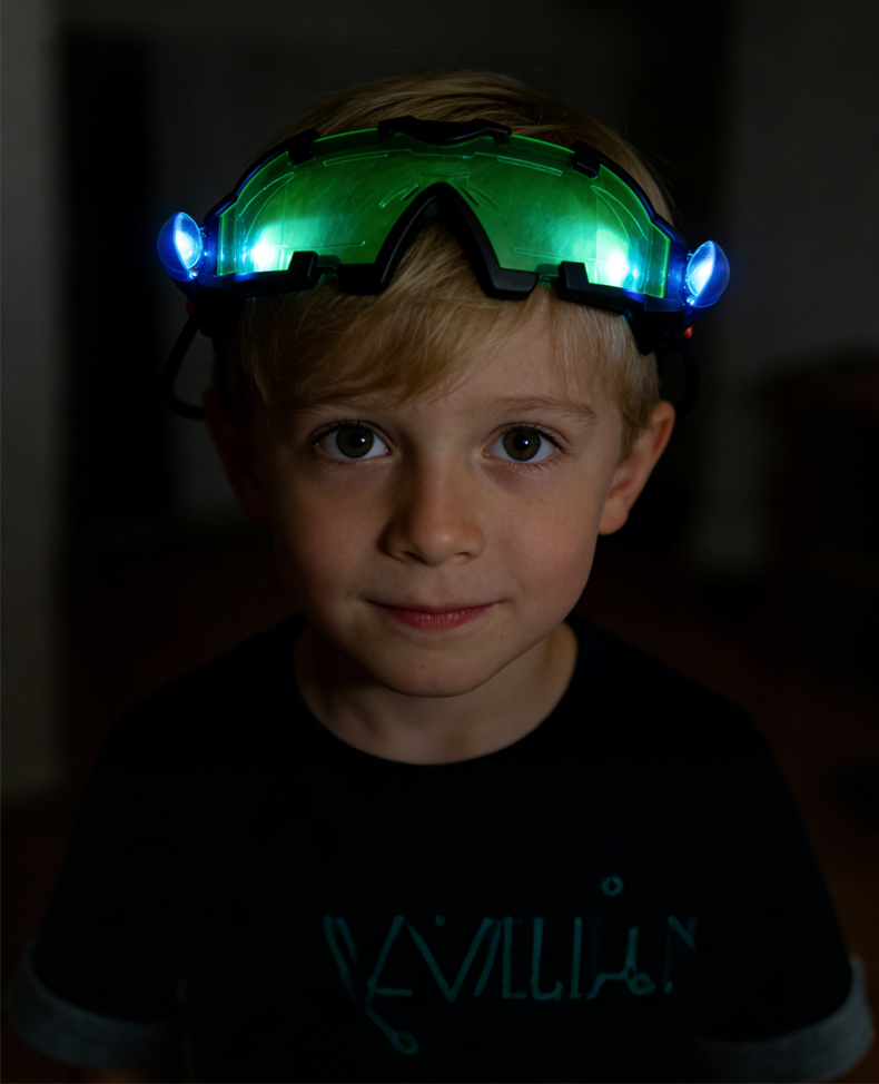 A little boy dressed in black wore a Toy Telescope on his head