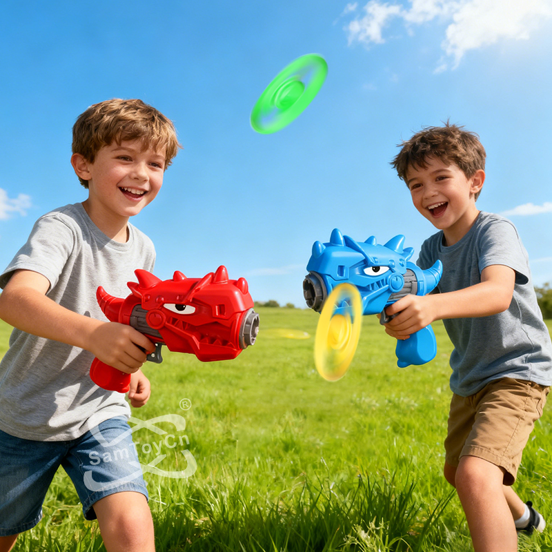 Two little boys in gray clothes were playing on the grass, holding red and blue Flying Saucer Guns