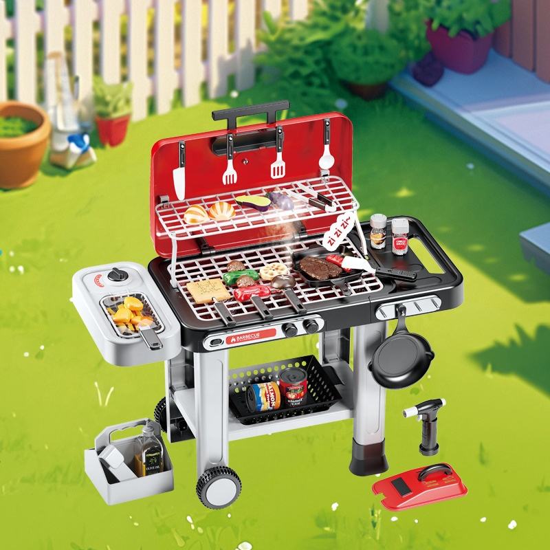 The red Handcart Barbecue Grill toy sits on the lawn in the yard