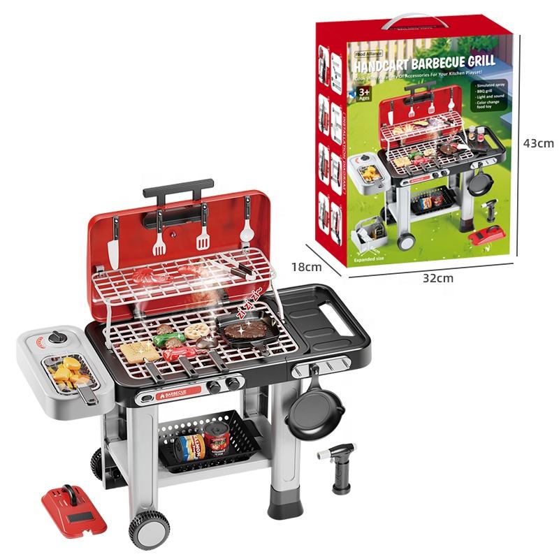 Red Handcart Barbecue Grill Toy and its outer packaging dimensions