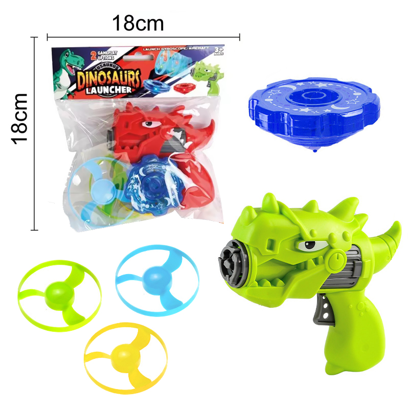 Dimensions of the Dinosaur-Shaped Flying Saucer Gun Product and Outer Packaging