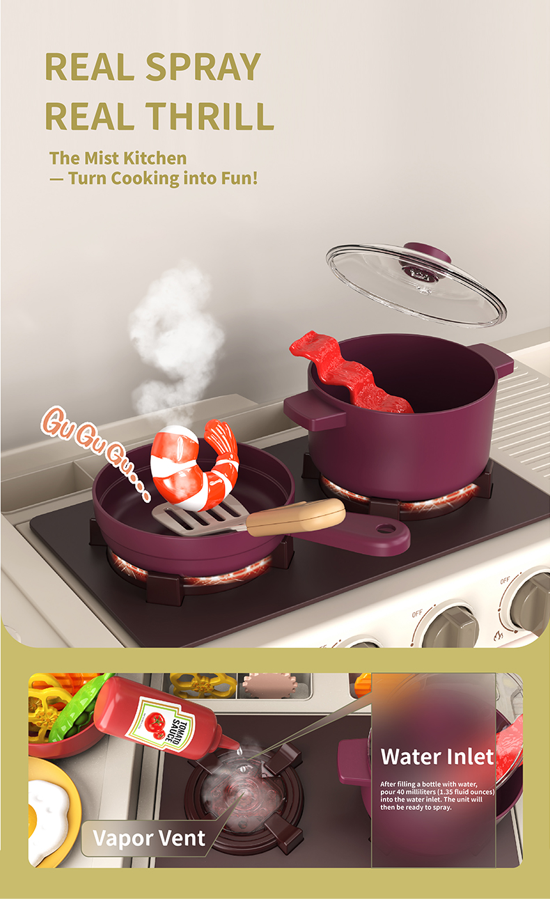 Spray Kitchen Toy: Pour water into the inlet to release realistic cooking spray