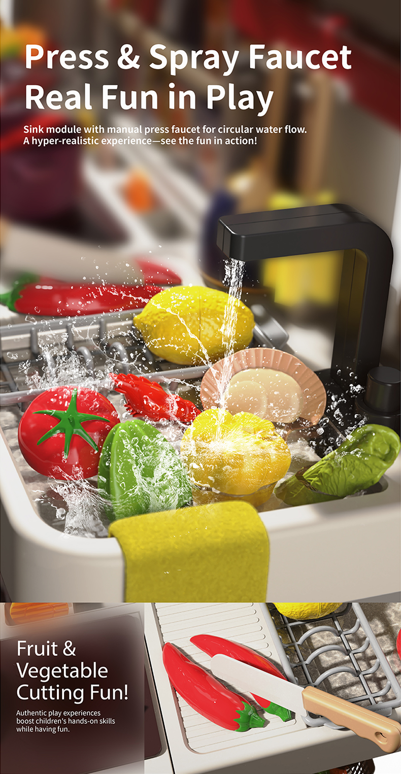 The Spray Kitchen Toy features a sink module with a manual push-button faucet that enables a circulating water flow