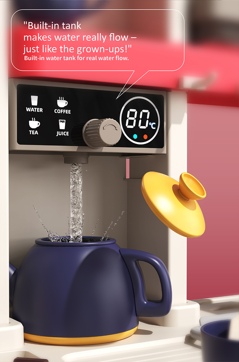 The Spray Kitchen Toy features a built-in water tank that allows water to flow freely into containers