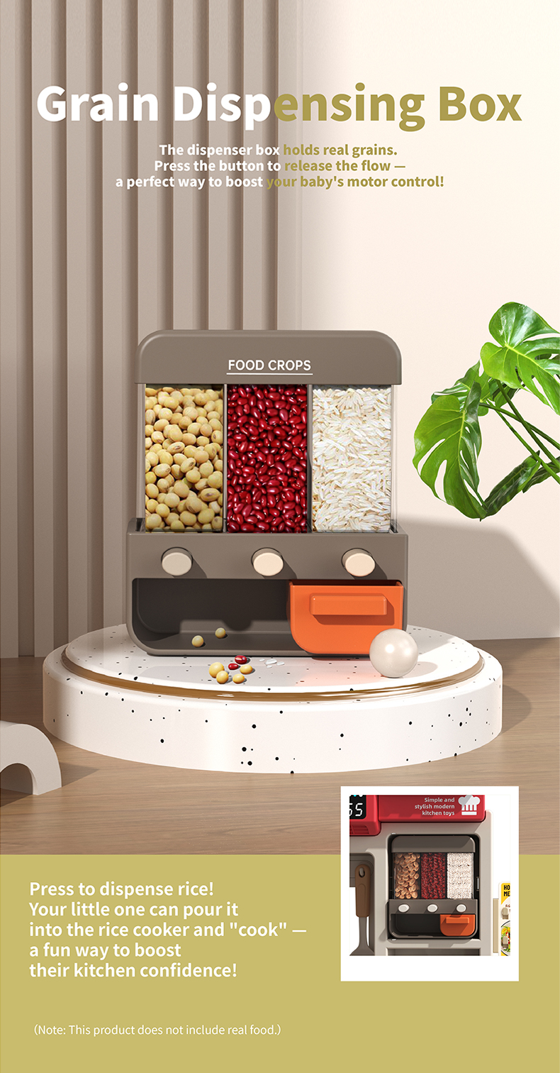 The Spray Kitchen Toy features a grain dispenser that can portion out rice and pour it into the rice cooker for cooking