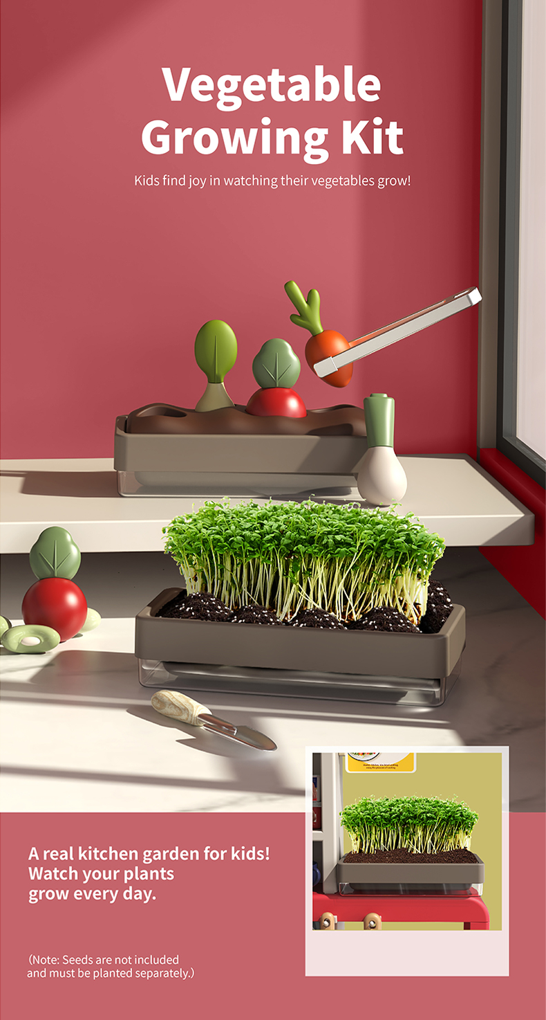 Spray Kitchen Toy includes a vegetable growing kit—a real kitchen garden where you can watch plants grow every day