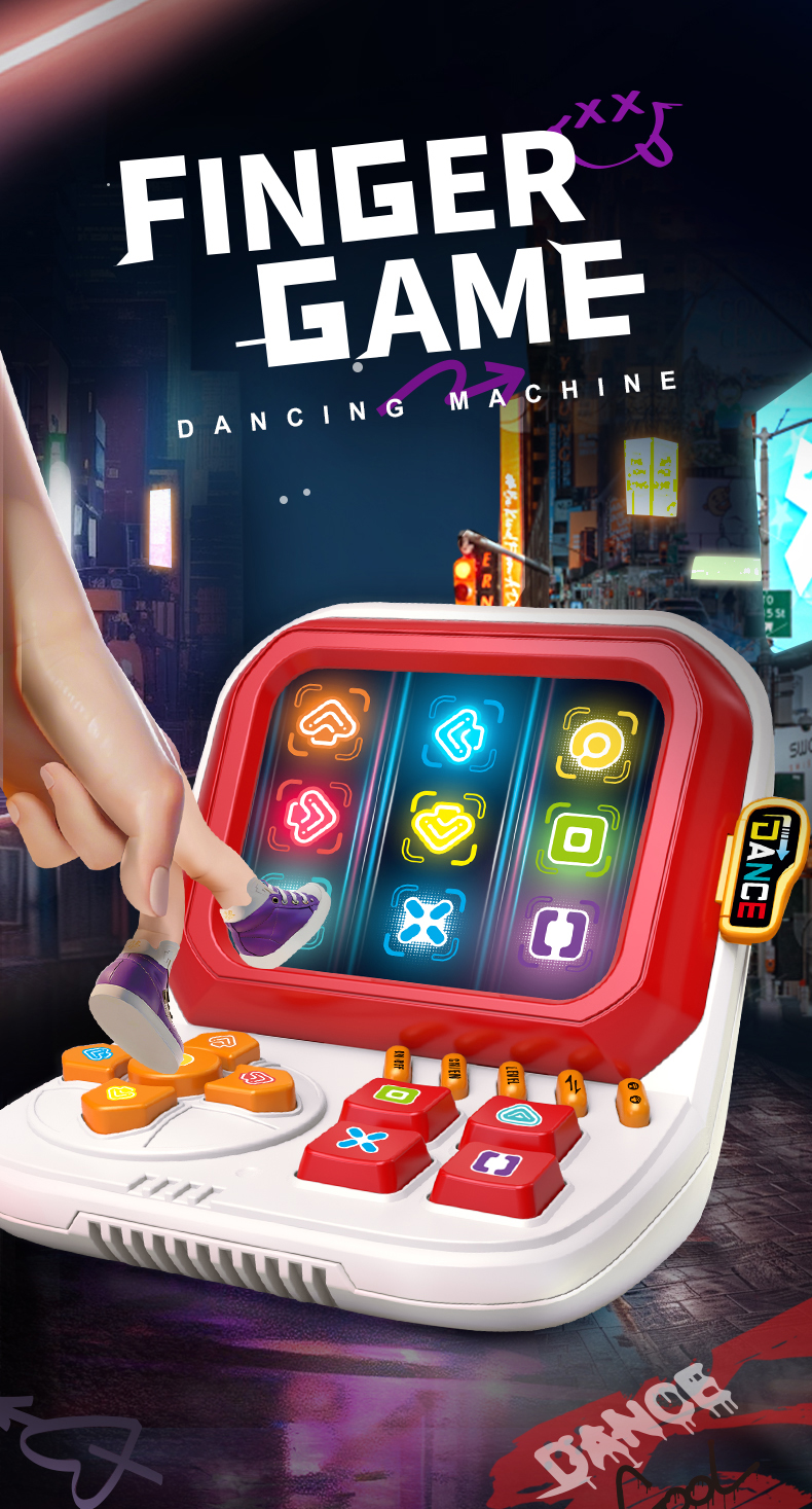 One hand plays the Finger Game Dancing Machine according to the on-screen instructions