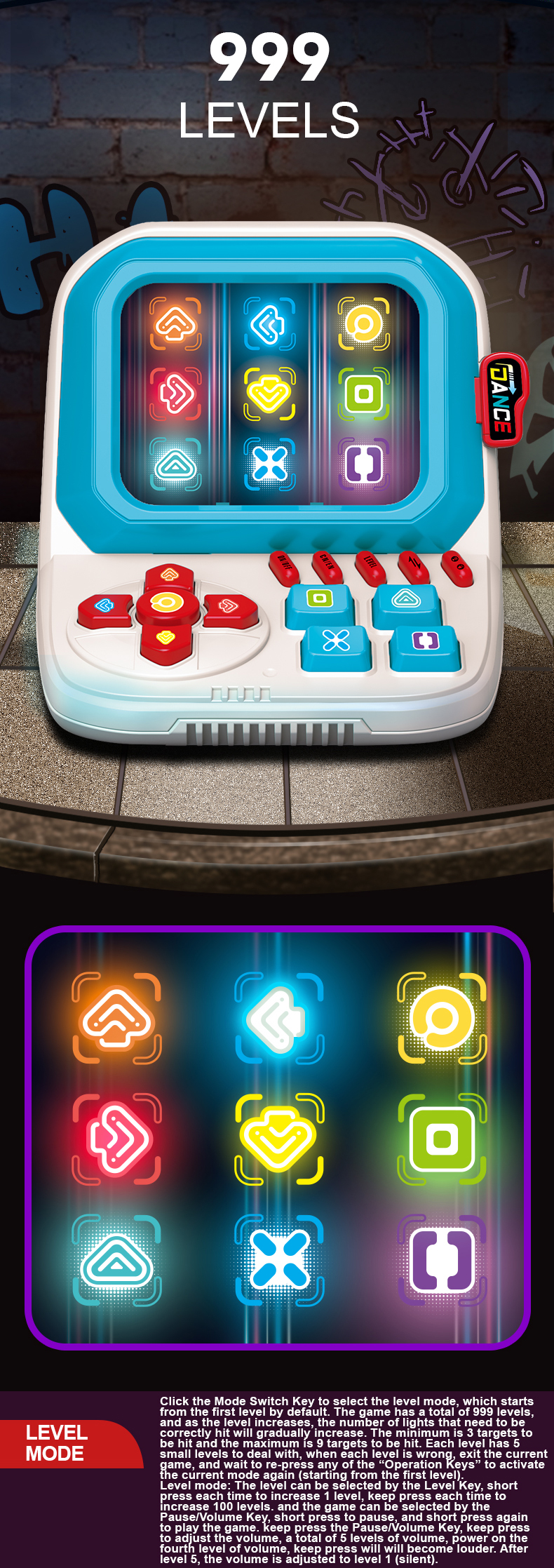 Finger Game Dancing Machine allows you to switch between memory mode and playback mode using the key selection in playing mode