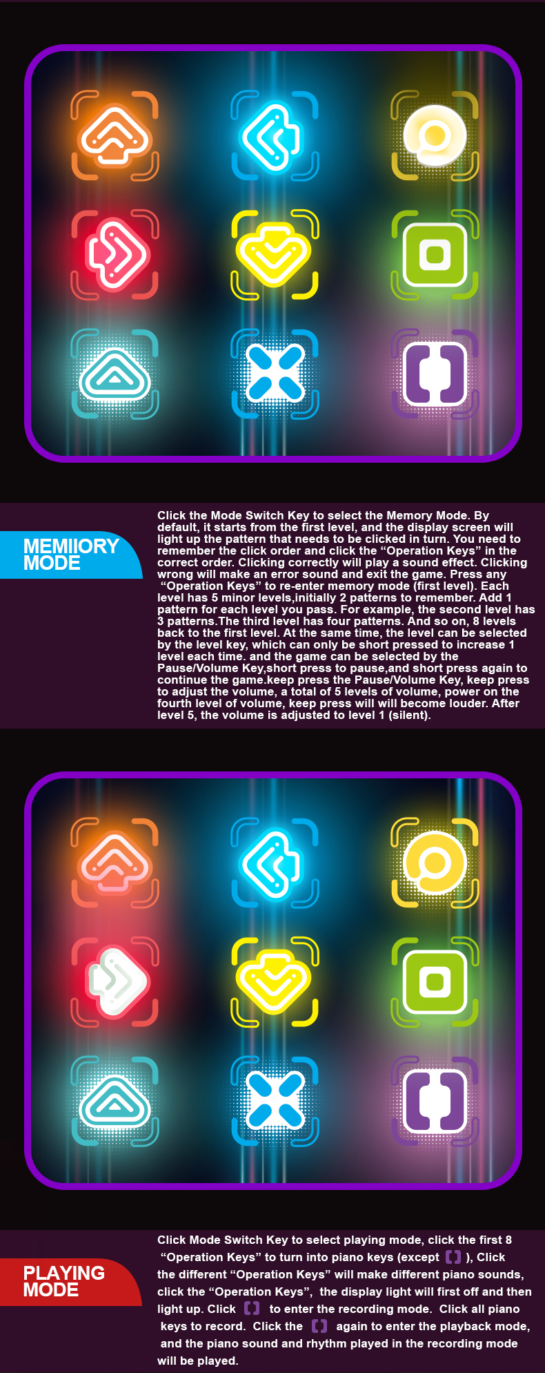 Finger Game Dancing Machine supports switching between key selection and memory modes in standalone mode