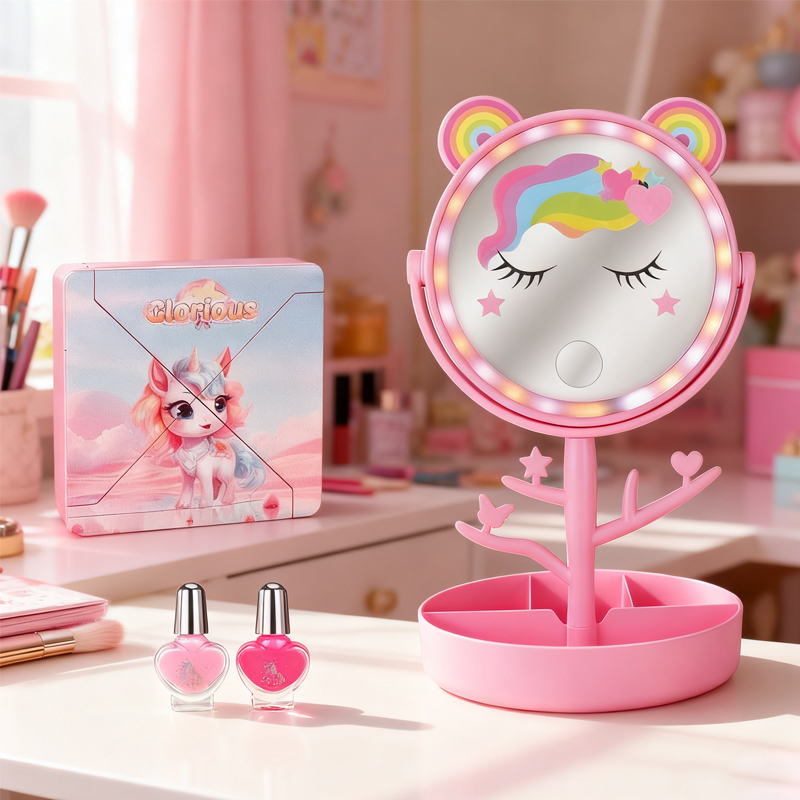 On the table in the pink room sat a pink makeup mirror, nail polish, and a cosmetic gift set