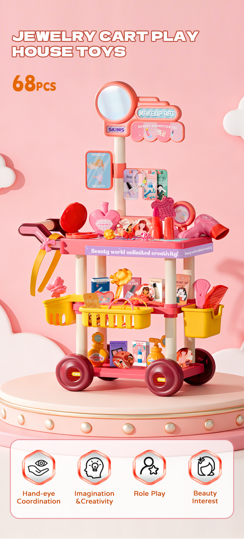 Pink Jewelry Cart Play House Toys 67pcs