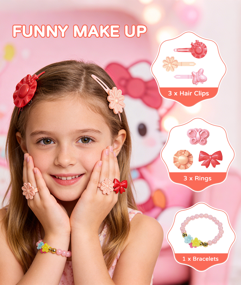 A little girl wore a bracelet, three rings, and a hair clip on her hand