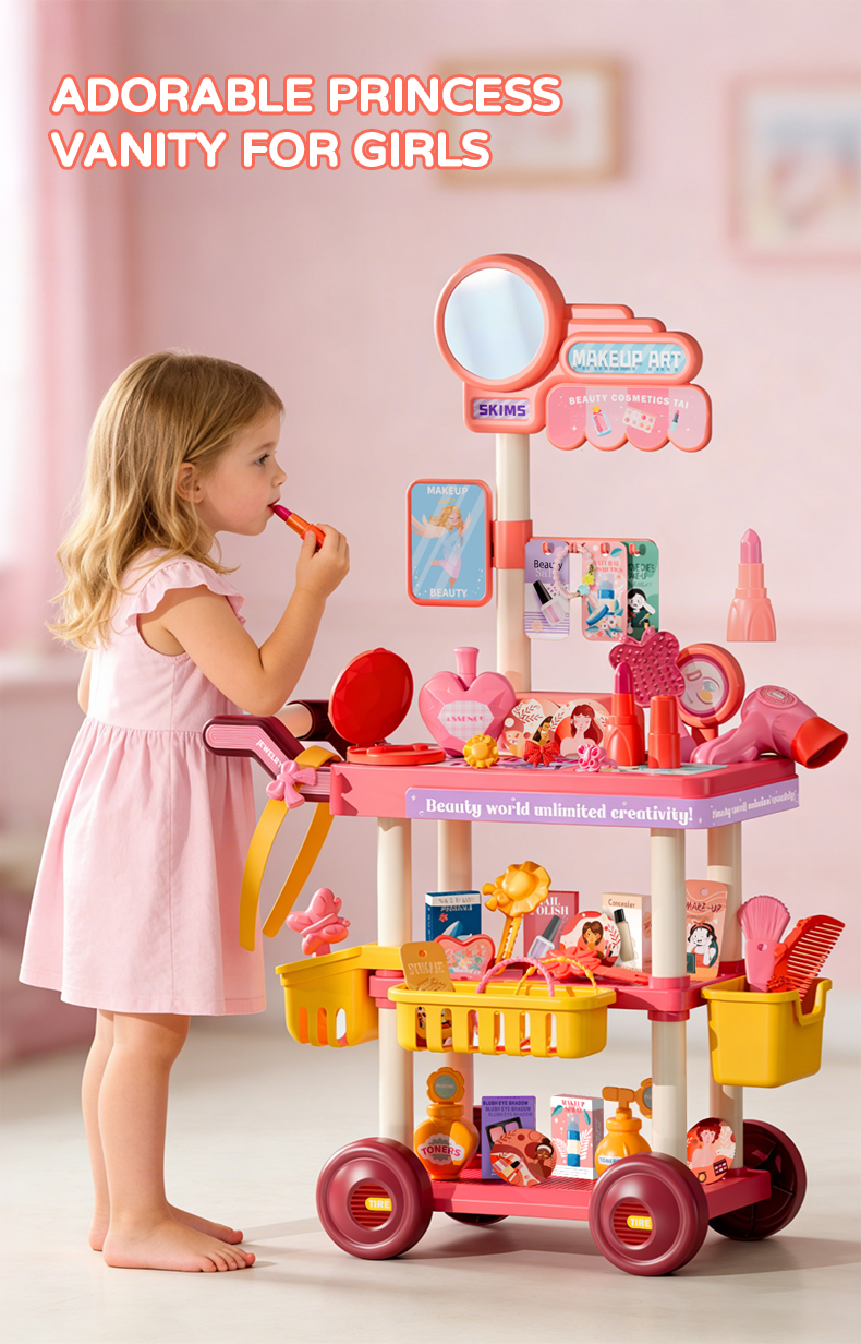 A little girl applies lipstick in front of a pink Jewelry Cart Play House Toys