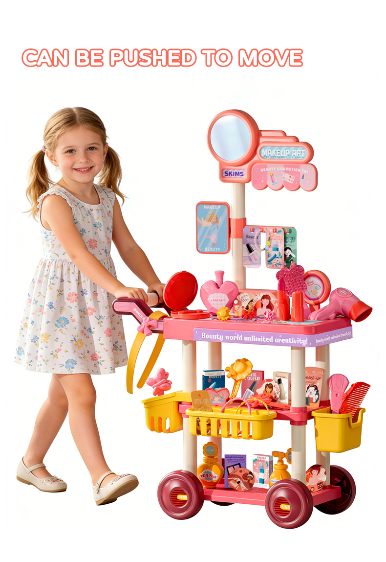 A little girl pushes a pink jewelry cart playhouse toy