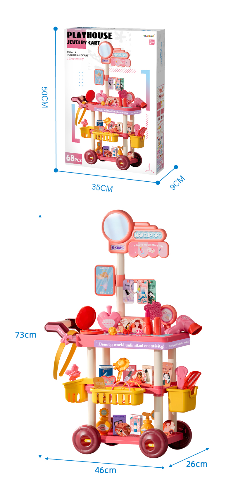 Dimensions of the Pink Jewelry Cart Play House Toys and its Outer Packaging