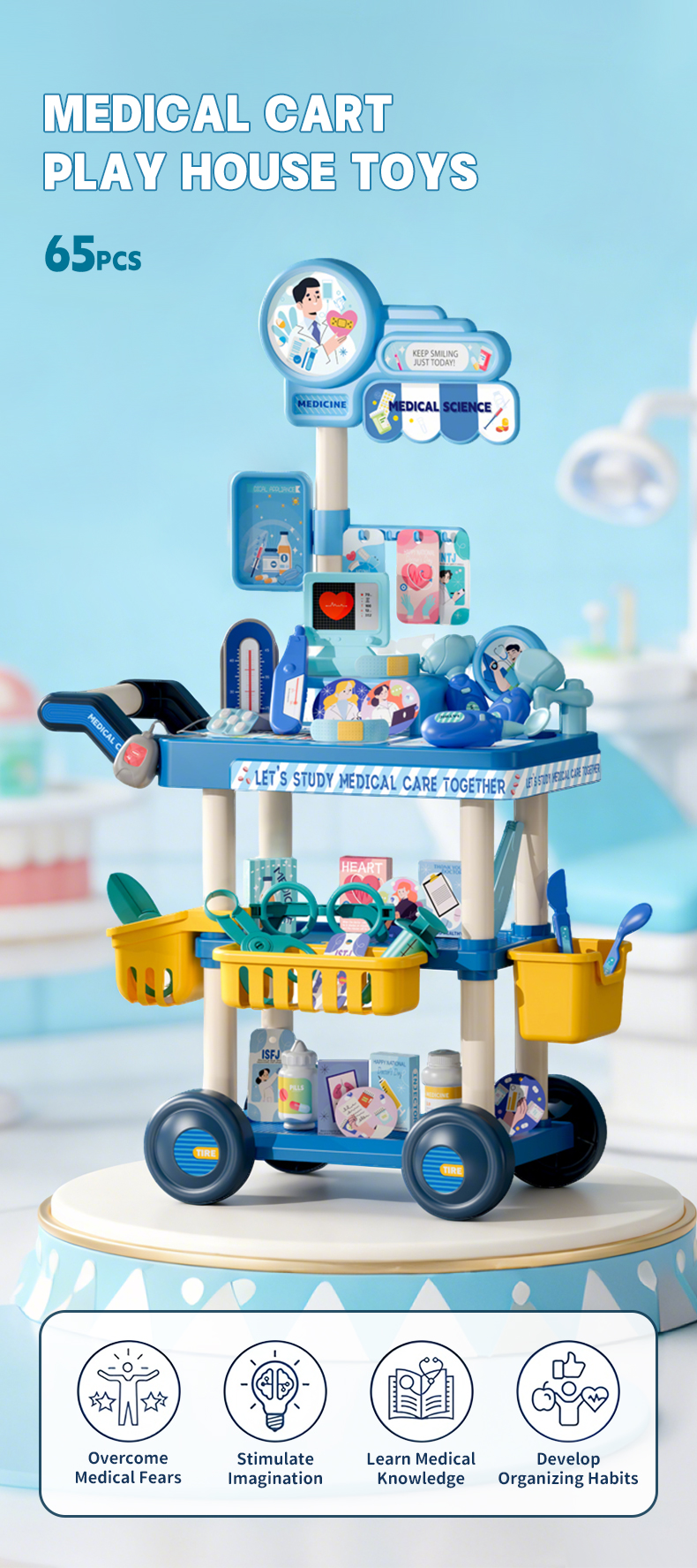 Blue Medical Cart Play House Toys 65pcs