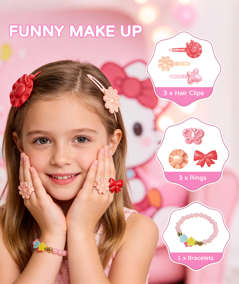 A little girl is showing off the bracelet on her wrist, three rings, and three hair clips in her hair