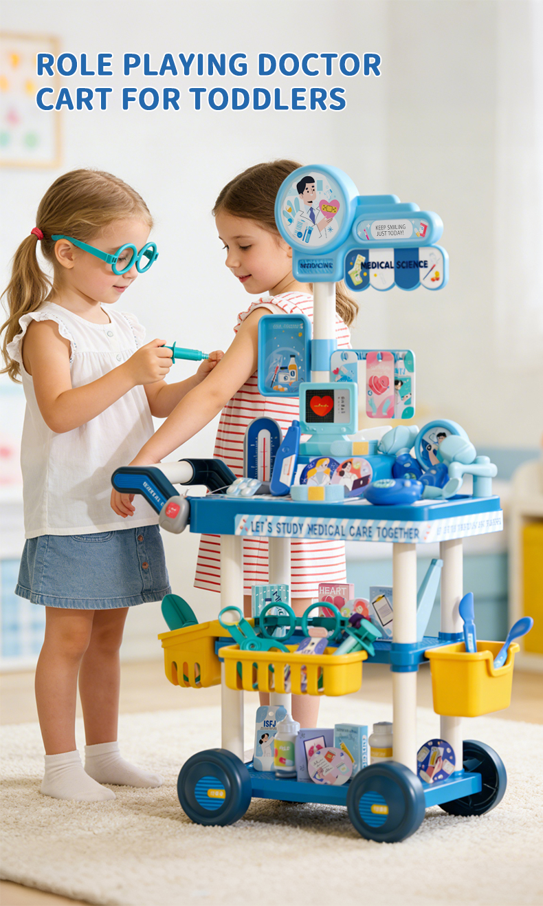 Two little girls were playing house next to the Medical Cart Play House Toys