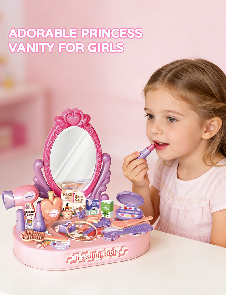 A little girl sits in her room applying lipstick with a pink toy vanity set