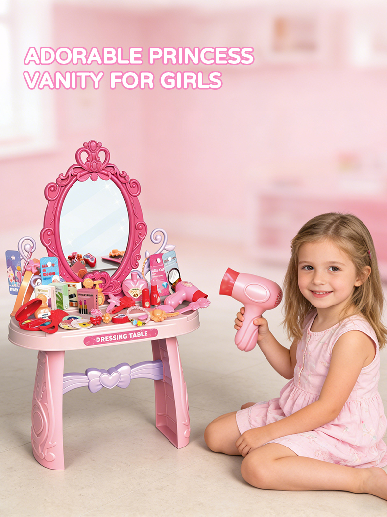 A little girl sits before a pink Princess Dressing Table Set toy, using a hairdryer