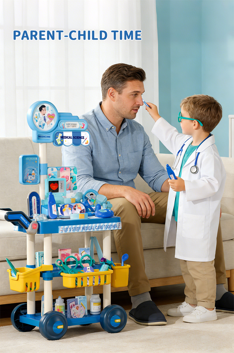 A child dressed as a doctor was playing house with his father