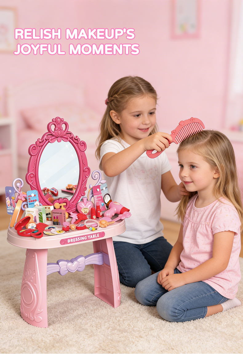 Two little girls comb their hair in front of a pink Princess Dressing Table Set toy