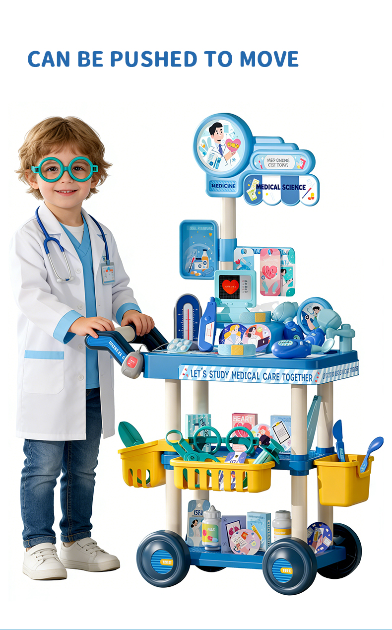 A child dressed as a doctor pushes a medical cart playhouse toy