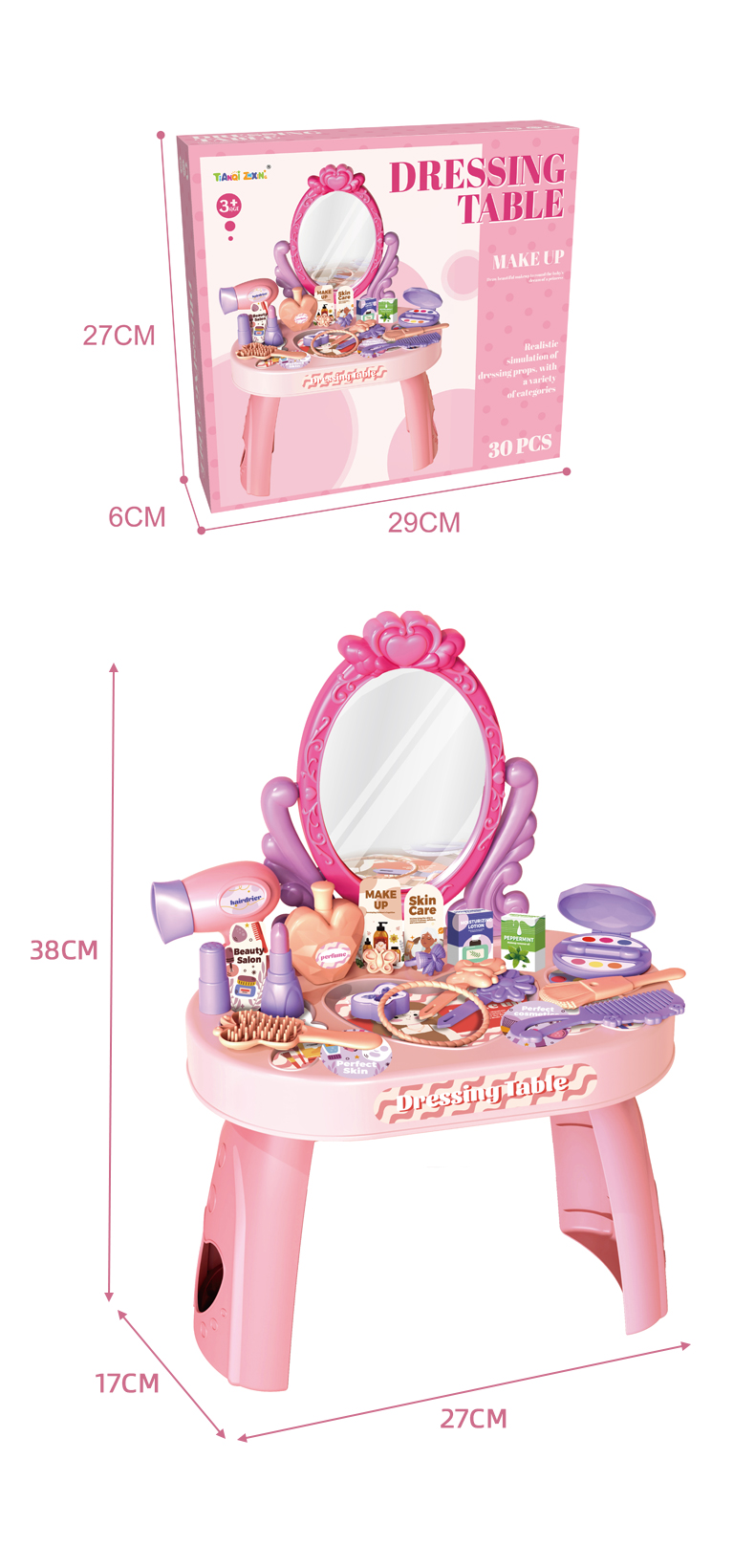 Pink Dressing Table Toy Dimensions and Outer Packaging Dimensions