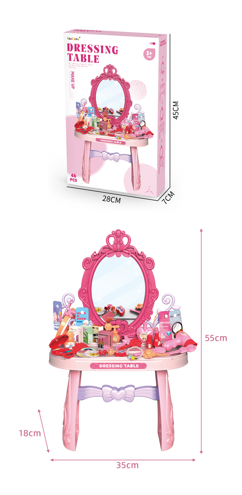 Dimensions of the Pink Princess Dressing Table Set Toy and Outer Packaging