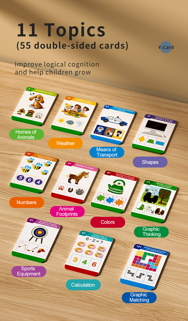 Castellano Card Learning Machine features 11 themes and 55 double-sided cards to enhance logical thinking and support children's development