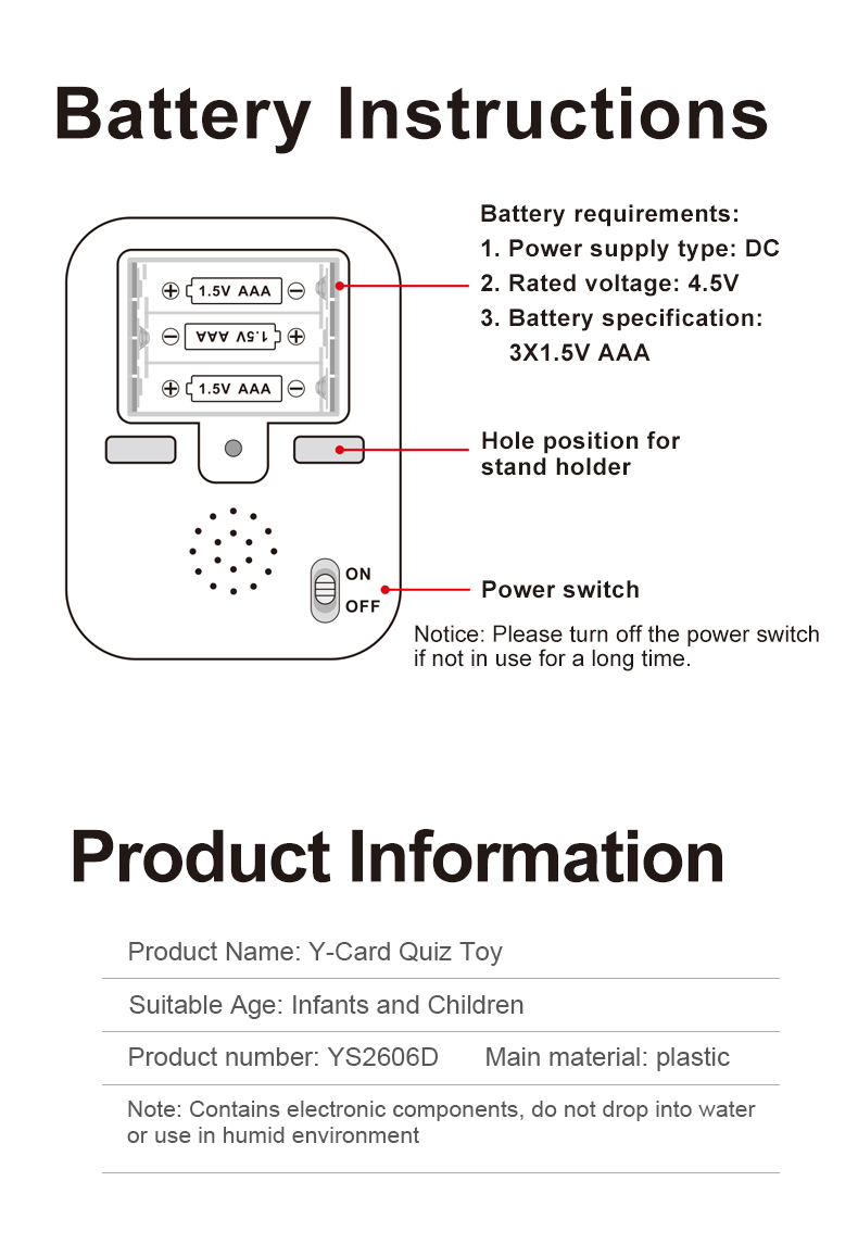 Battery Usage Instructions and Product Information for the Castellano Card Learning Machine