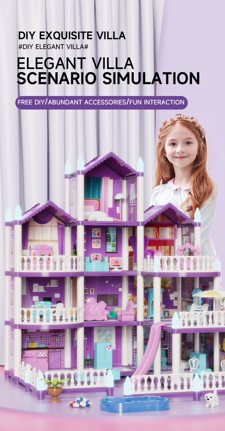 A smiling little girl in white stands behind the purple villa toy