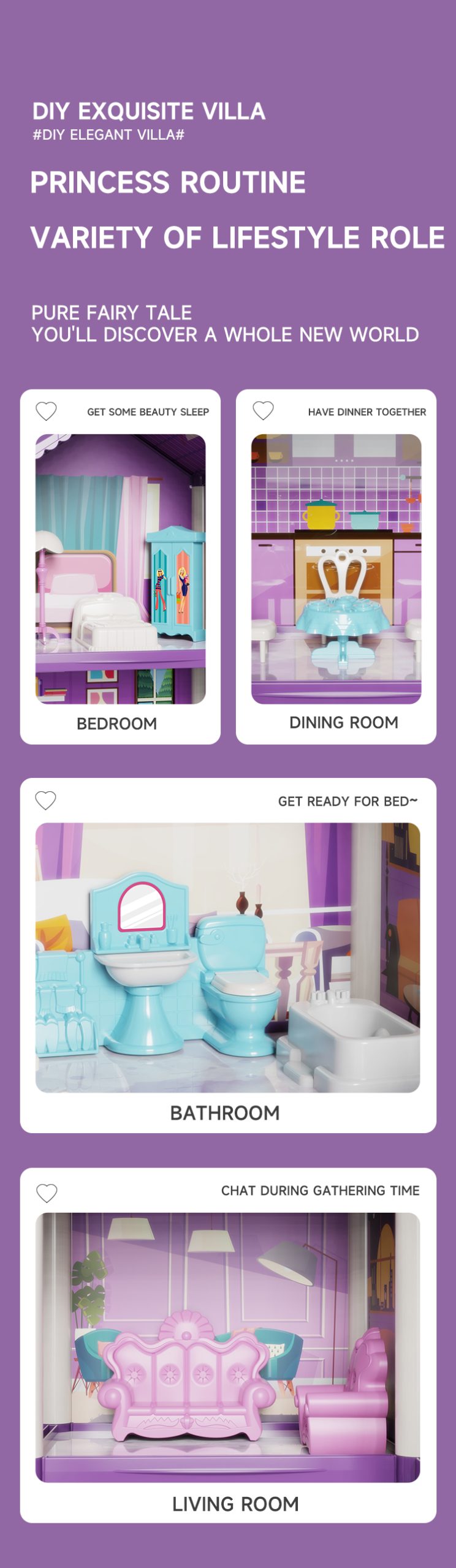 DIY villa toys feature numerous distinct rooms to offer princesses a diverse fairy-tale lifestyle